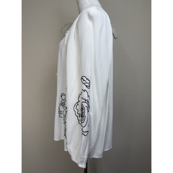 Style & Co Top Size 3X White Black Floral Embroidered Long Sleeve Tassel Cottage - Picture 7 of 12